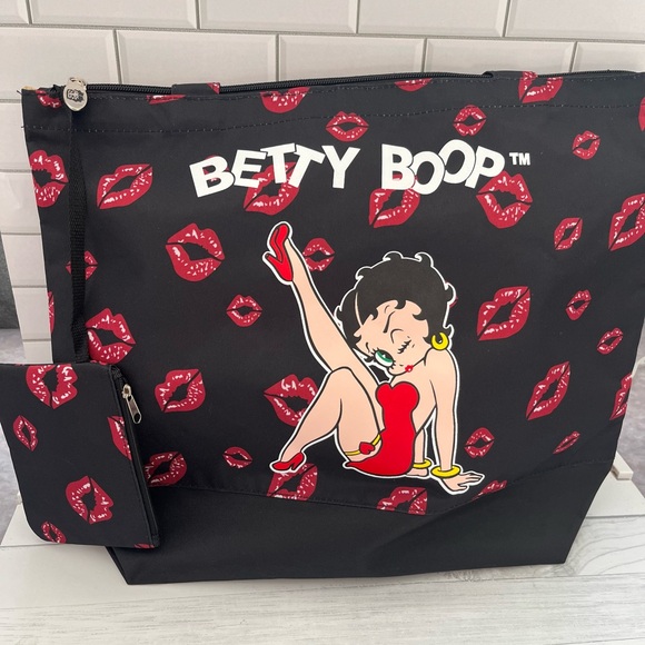 Betty Boop Canvas Tote Bag with Coin Purse Red Lips Super Cute! - Picture 10 of 11